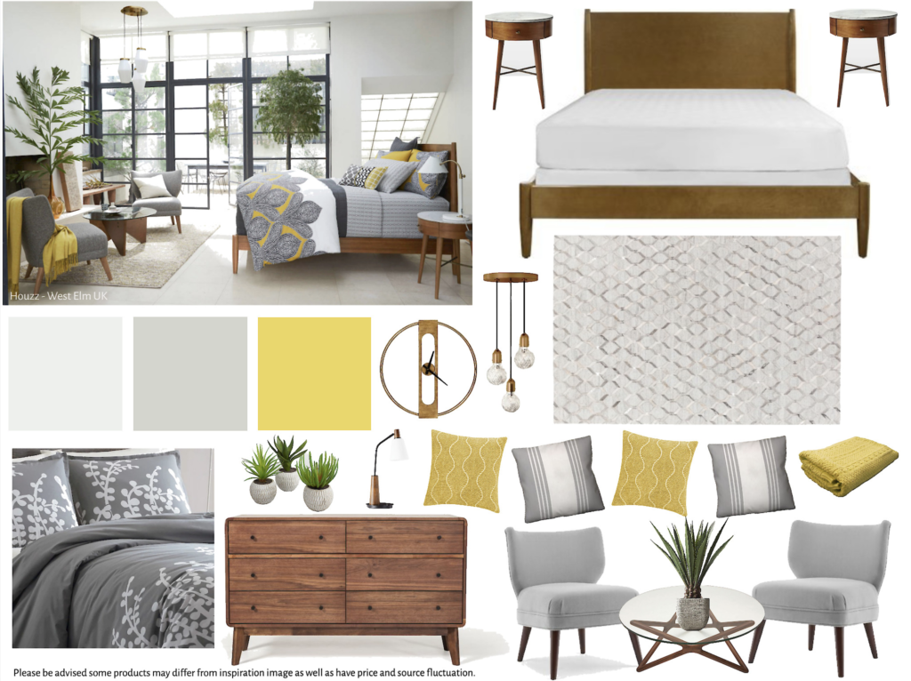 Board 20 - Master Bedroom - Bedroom - $5000-$7500 - White - Gray - Yellow - Mid Century Modern