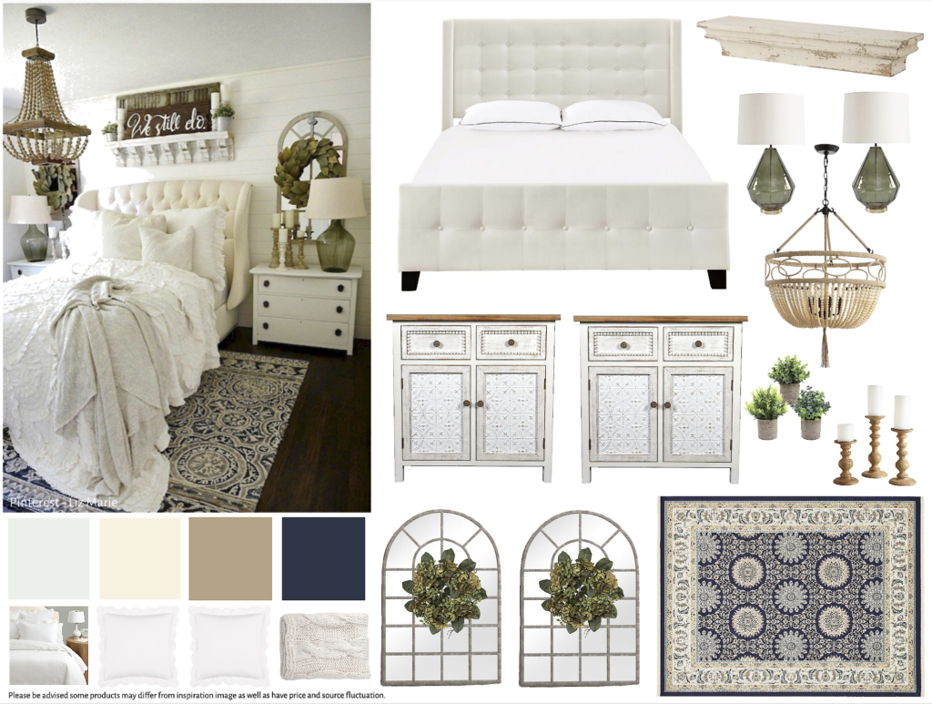 Board 6 - Master Bedroom - Bedroom - $1000-$5000 - White - Ivory - Blue - Green - Brown - Farmhouse - Shabby Chic