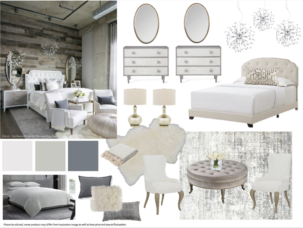 Board 9 - Master Bedroom - Bedroom - $10000-$15000 - White - Ivory - Neutral - Gray - Brown - Industrial - Shabby Chic