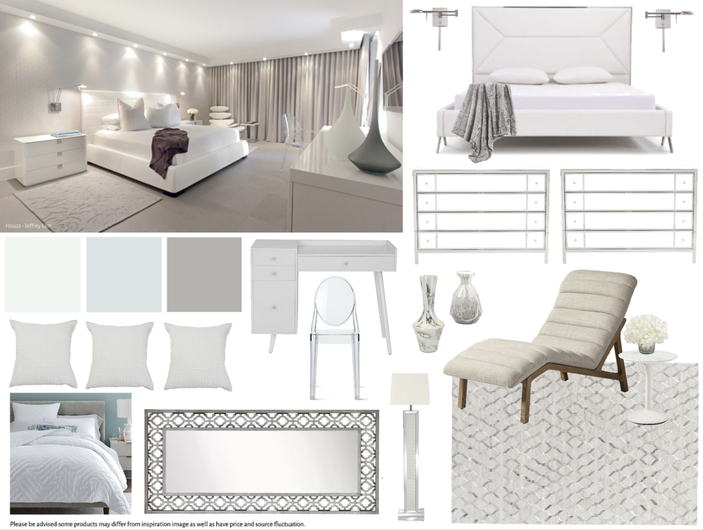 Board 18 - Master Bedroom - Bedroom -$10000-$15000 - White - Gray - Silver - Modern