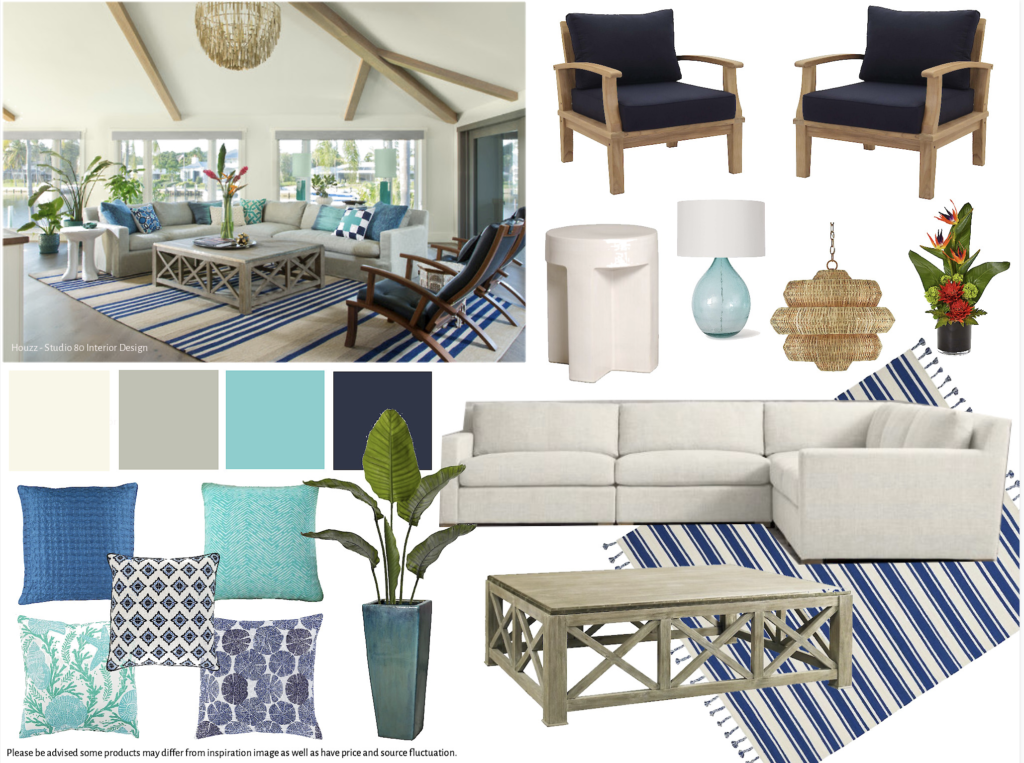 Board 17 - Living Room - Family Room - $10000-$15000 - White - Tan - Ivory - Blue - Turquoise - Coastal - Beach