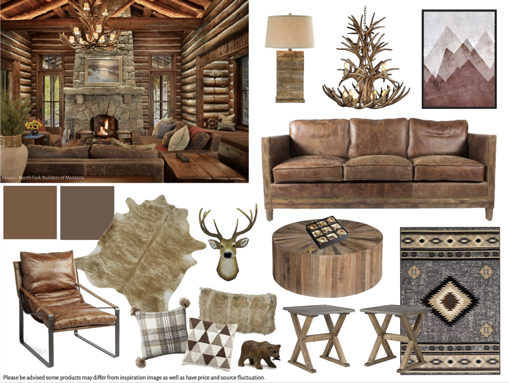 Board 27 - Living Room - Family Room - $10,000-$15,000 - Brown - Neutral - Rustic - Cabin