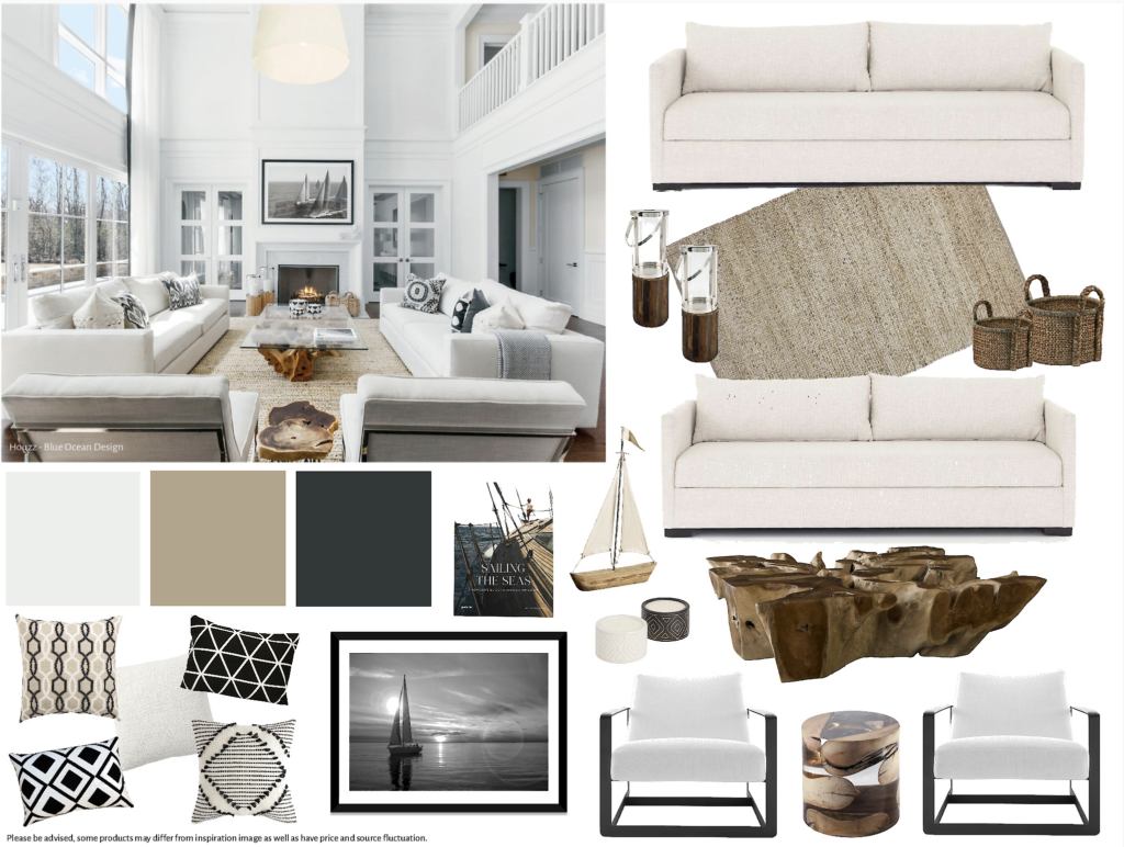 Board 21 - Living Room - Family Room - $10000-$15000 - White - Tan - Brown - Black - Coastal - Beach - Nautical