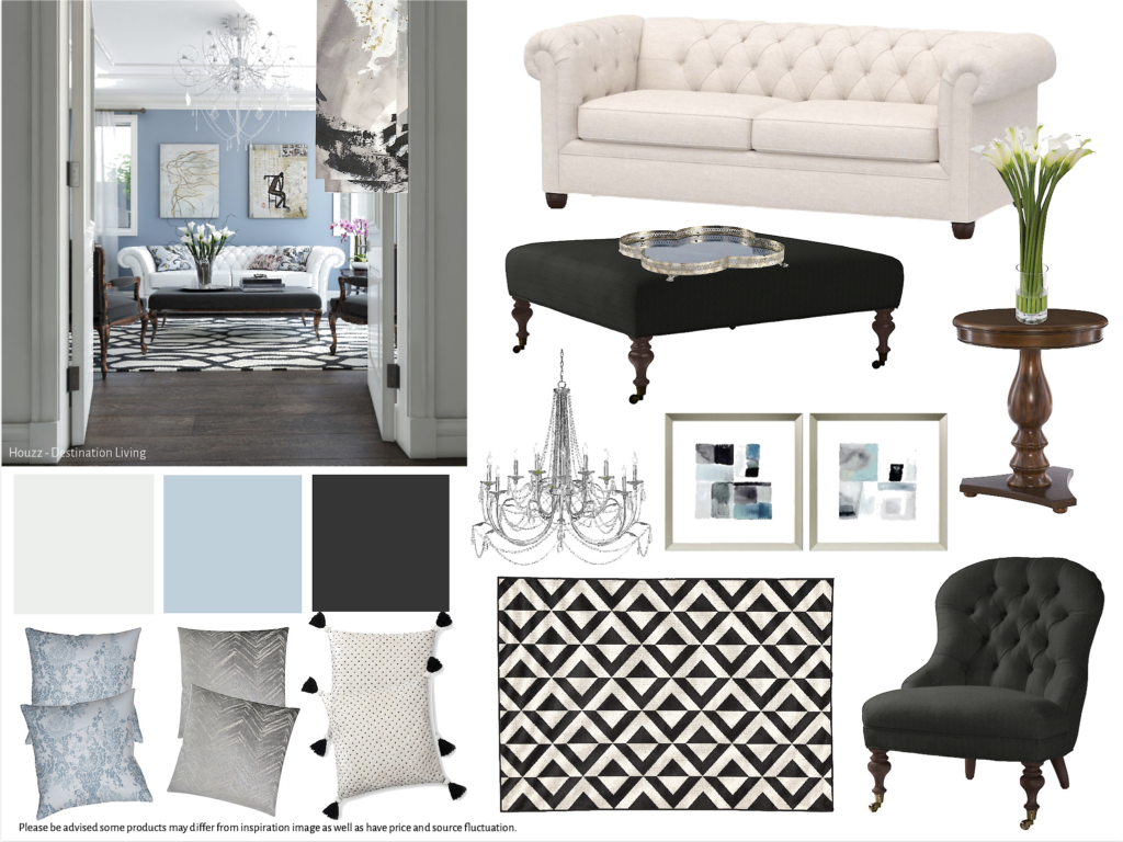 Board 18 - Living Room - Family Room - $5000-$7500 - Blue - Gray - Black - White - Traditional - Classic